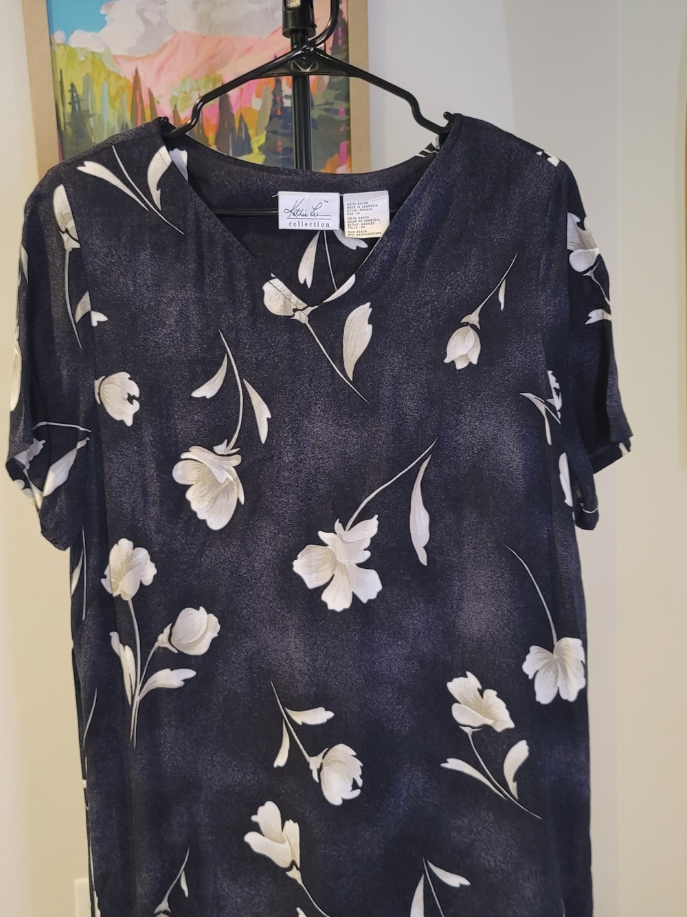 Vintage KATHIE LEE COLLECTION Floral Print Sleeveless Rayon Dress Black Size 16 - Picture 2 of 6